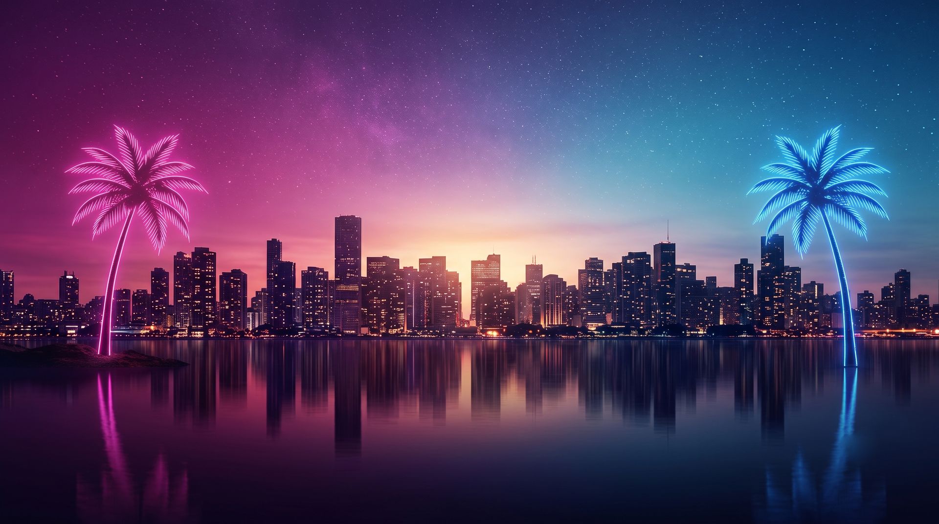Skyline de Miami au crépuscule, palmiers néon rose et bleu se reflétant dans l'eau